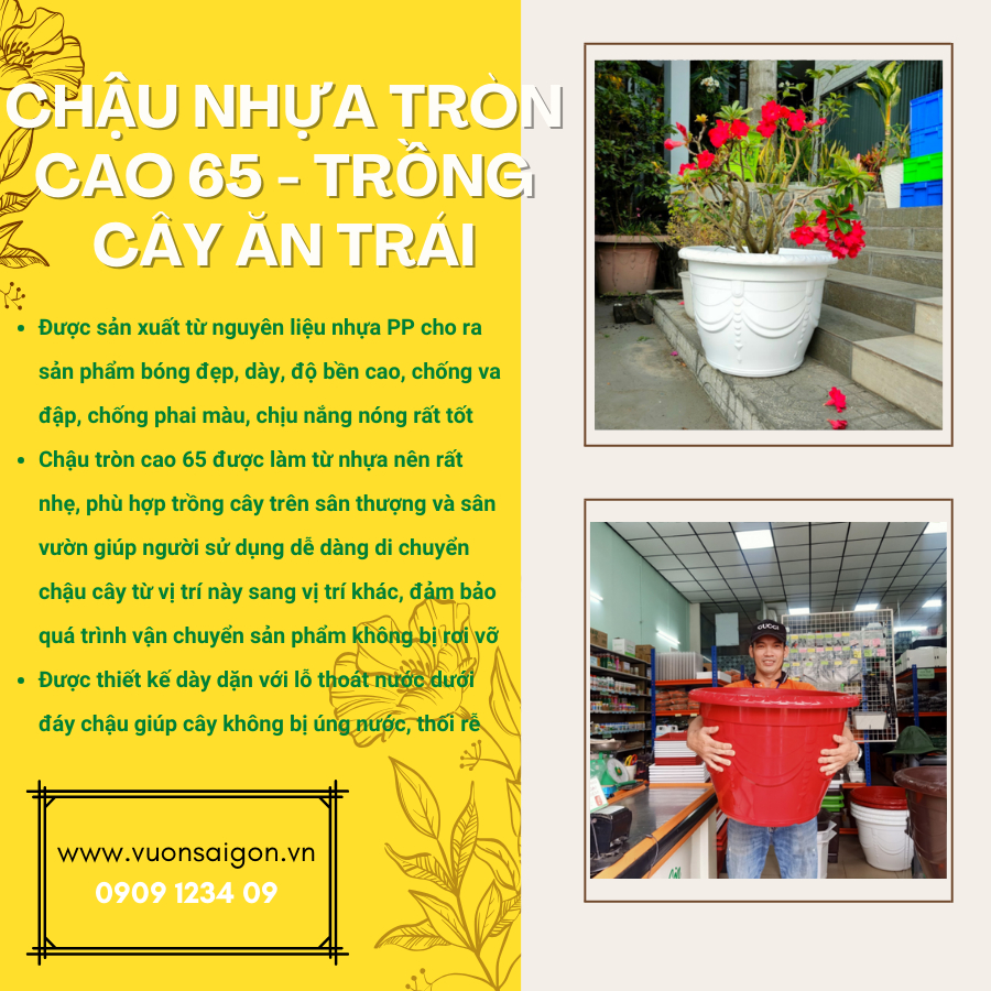 Chậu tròn cao 65 - Chậu trồng cây ăn trái , M65xC46XD38, chậu siêu to, bền đẹp (Vườn Sài Gòn)