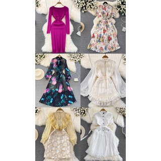 [BIG SALE/ SẴN ] Đầm Quảng Châu tay dài ngắn họa tiết hoa/ retro chất len dệt/ voan lụa/ blended sang trọng thanh lịch