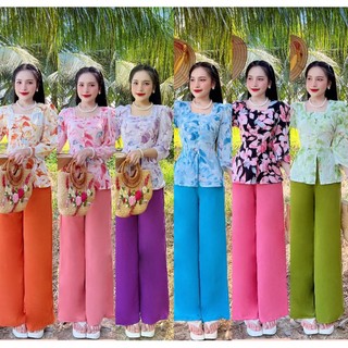 Set bộ bà ba cổ vuông , tay nhún , nút ngọc