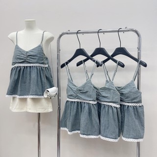 Áo 2 dây nữ bò denim pha ren xinh xinh yêu yêu hàng Qccc