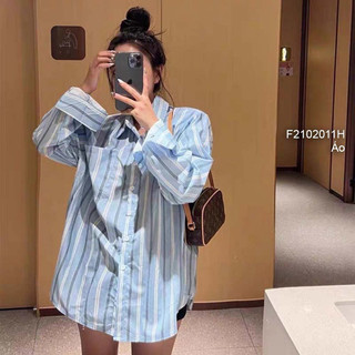 Áo sơ mi sọc lưng phối chữ trắng, áo sơ mi nữ phối sọc tay dài VIENS STORE