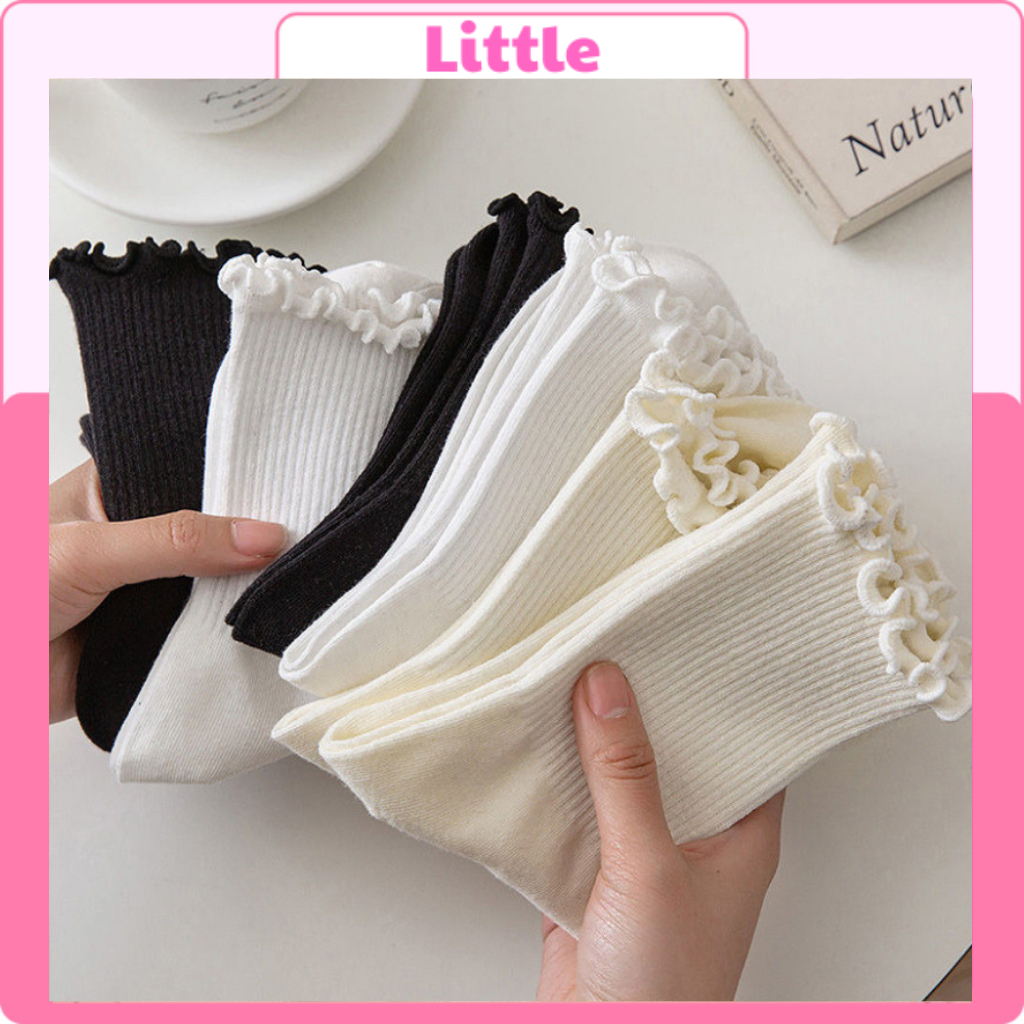 Set 5 Đôi Tất Vớ Cổ Cao Nhún Nữ Phong Cách Hàn Quốc Chất liệu Cotton
