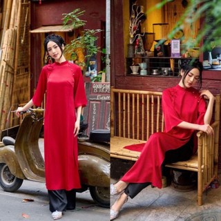 Áo dài cách tân dáng suông vải lụa tây thi cổ cao tay lỡ đính nơ dự tiệc lễ tết đẹp