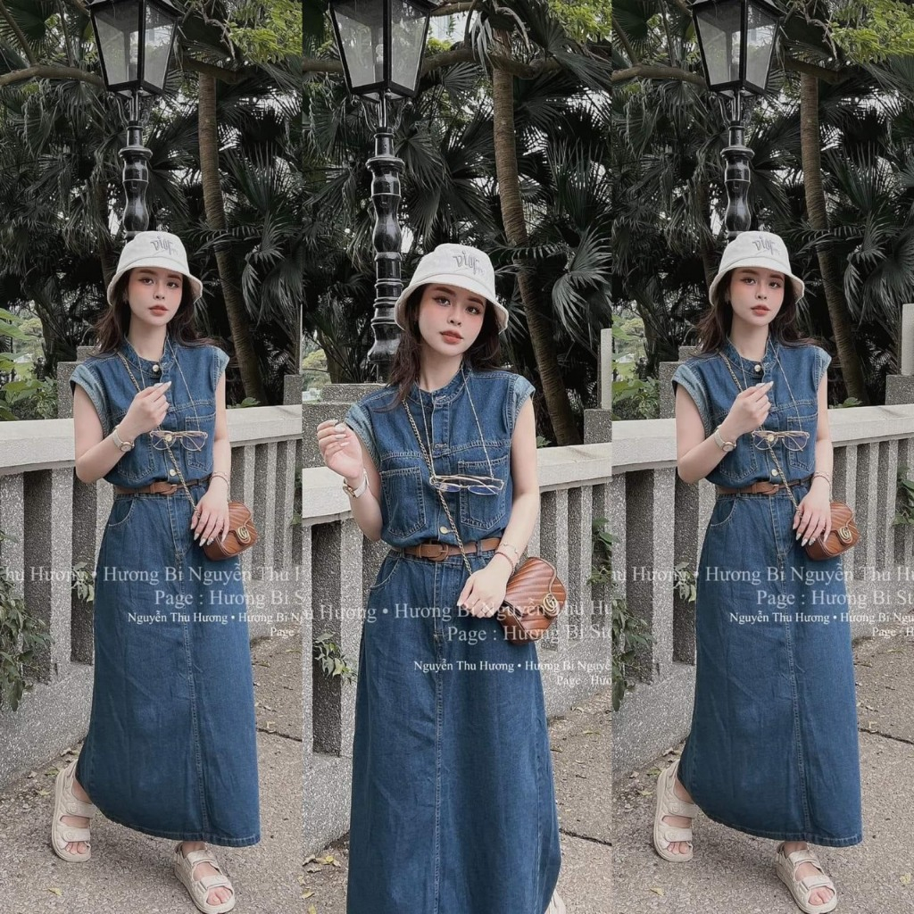 Đầm Jean Cổ Lọ Sách Nách Dáng Dài Xẻ Tà Sau Phối Hàng Cúc Đồng Style Hàn Quốc Nhẹ Nhàng Vintage Diện Đi Chơi, Dạo Phố