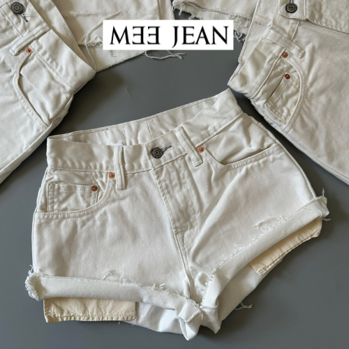 Quần short jean nữ TRẮNG túi lòi, Quần sooc demin nữ lưng cao vintage Âu Mỹ US UK size XS-XXL