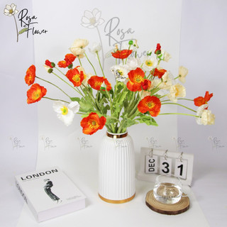 Hoa poppy giả, Hoa Anh Túc lụa Thân Lông, 1 nhánh nhiều bông, hoa lụa anh túc đẹp cao cấp trang trí, decor