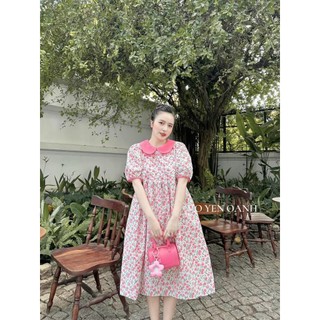 Đầm suông hoa lụa  tay bèo tiểu thư cổ tròn thời trang nhẹ nhàng xinh sắn, đầm dài qua gối tay ngắn