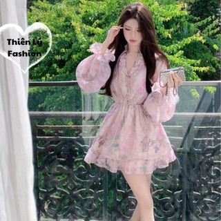 Váy Hoa Xoè Tay Bồng Cột Dây Eo Đính Ngọc, Đầm Xoè Tay Dài  Phong Cách Tiểu Thư Ngọt Ngào