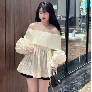 JENNYCLOSET | Áo váy trễ vai dập ly dài tay tiểu thư ,Áo váy babydoll chất tơ nhật  from chuẩn ( HÀNG CAO CẤP)
