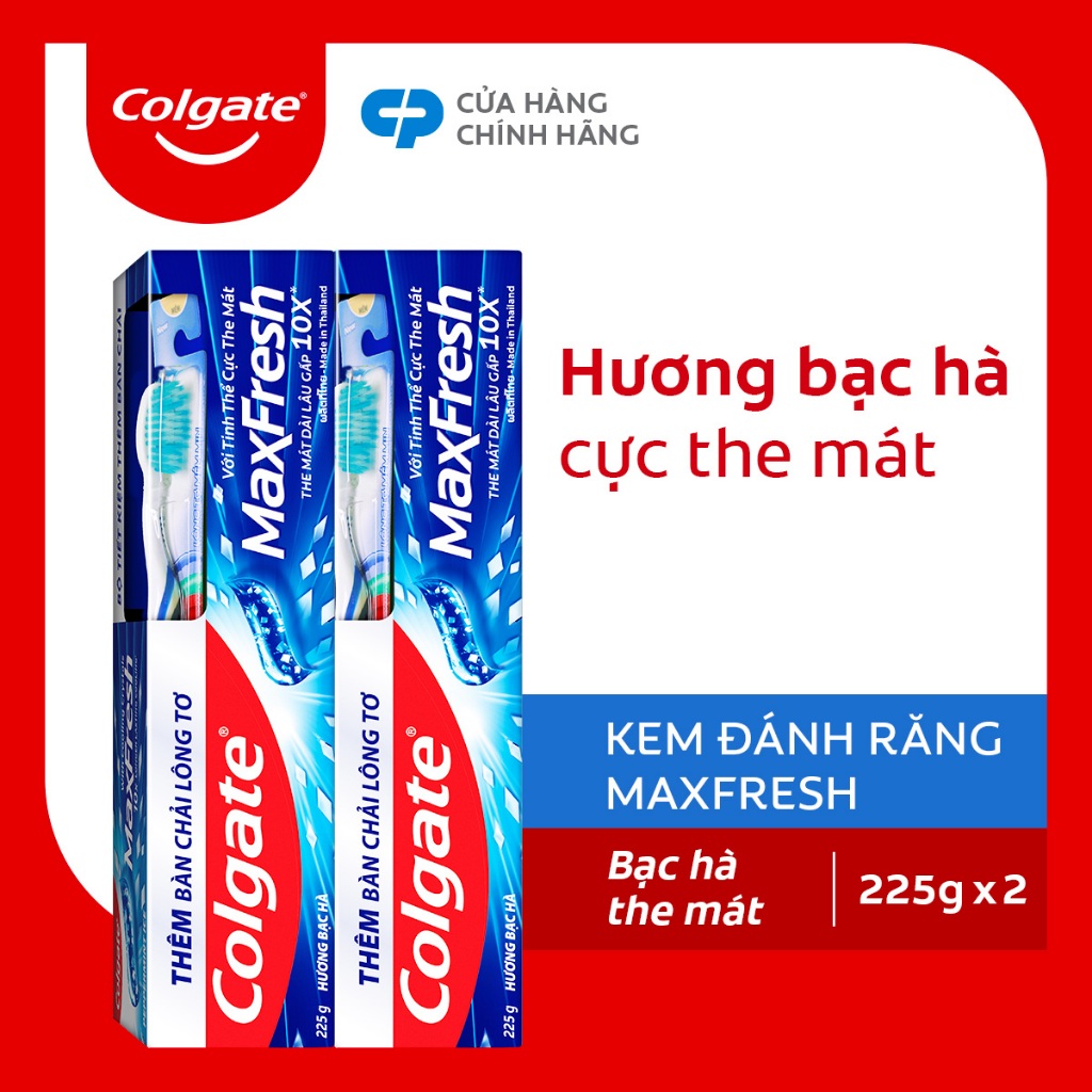 [HB gift] Bộ 2 Kem đánh răng Colgate MaxFresh bạc hà the mát 225g tặng bàn chải