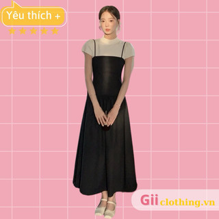 [OD có ảnh thật] Set váy hai dây đen dáng dài áo len cộc tay phong cách mùa hè Hàn Quốc nhẹ nhàng Váy yếm đen cho nữ