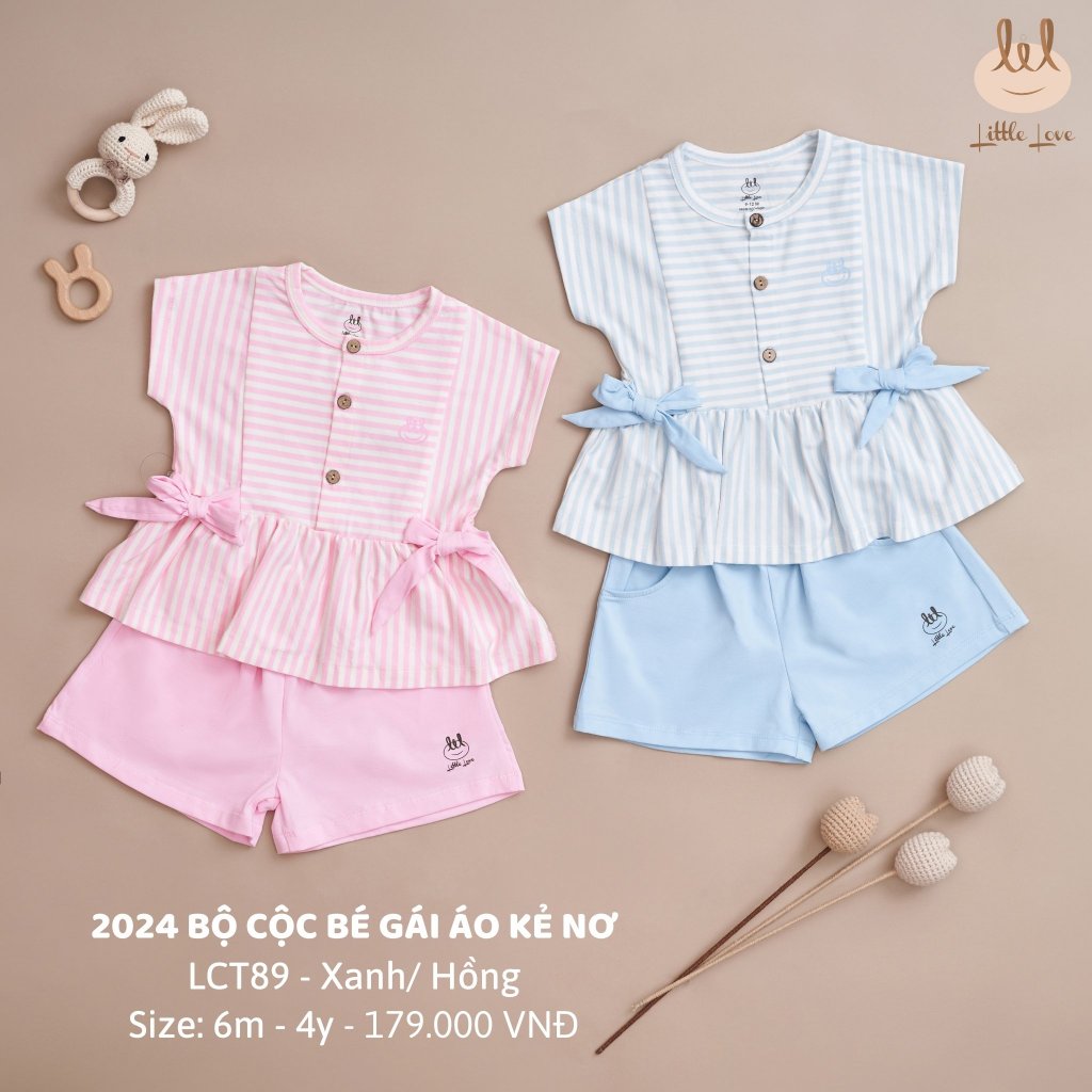 [Mã BMTTC60K giảm đến 60K đơn 50K] Bộ quần áo cộc tay kẻ ngang phối nơ, 100% cotton cho bé gái LiL Little Love LCT89