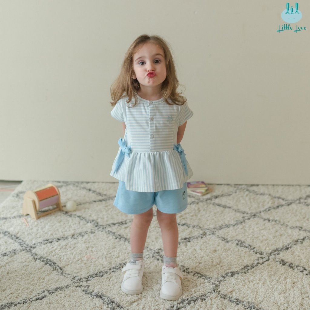 Bộ quần áo cộc tay kẻ ngang phối nơ, 100% cotton cho bé gái LiL Little Love LCT89