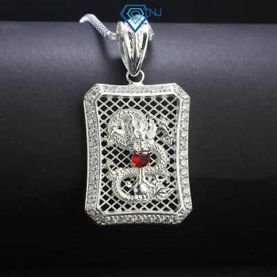 Dây chuyền bạc nam hình con rồng ngậm đá đỏ, viền nạm đá phong cách sang trọng DCA0141 - Trang Sức TNJ