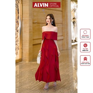 Đầm dự tiệc dáng xòe hở vai ngang phối bèo sang trọng alvin store 2942