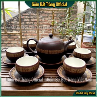  Bộ Ấm Trà 300ml Tử Sa Viền Vàng Bộ Ấm Chén Tử Sa Bát Tràng Chén Trắng 