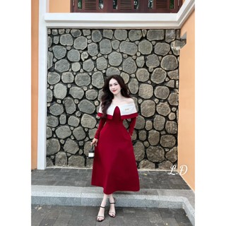 Váy Trễ Vai Xòe Phối Sẻ Tà trước Ngực Siêu Sang