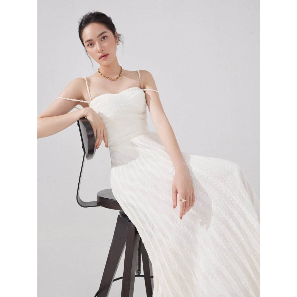 TRIO JI đầm thiết kế váy dài nữ MIMOSA họa tiết xếp ly thướt tha 4D tinh tế mềm mại 2 lớp đứng from