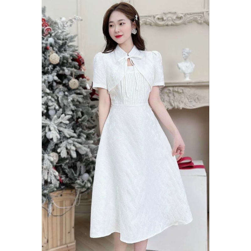 Set đầm dự tiệc hai dây kèm áo khoác croptop sang chảnh