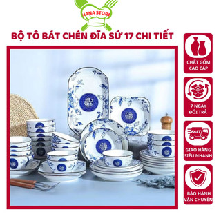 Tô, Đĩa, Chén, Bát - Bộ Chén Dĩa Sứ đẹp phúc lộc Bát Tràng hoa văn hoạ tiết sắc nét