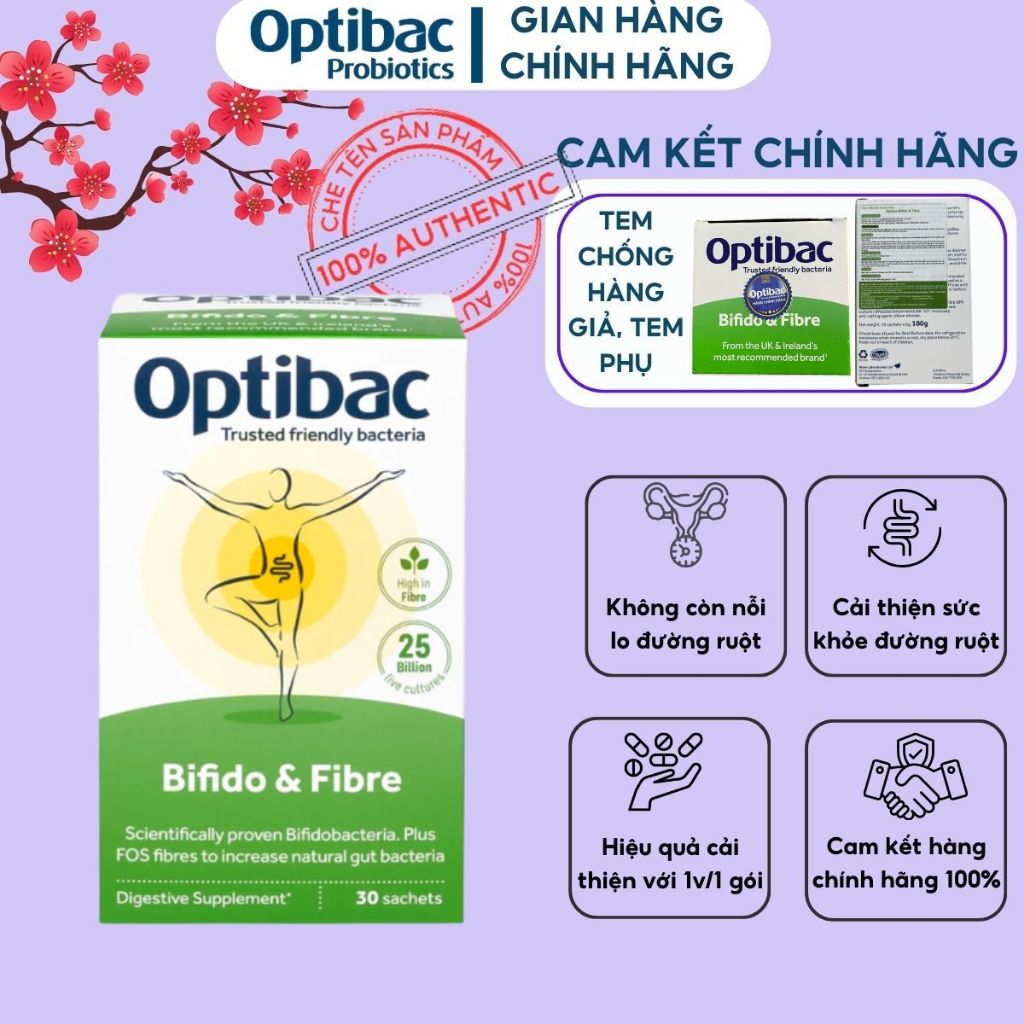 Men Vi Sinh Optibac Bifido & Fibre - Hỗ trợ giảm táo bón và bổ sung chất xơ, bổ sung lợi khuẩn đường ruột, hộp 30 gói