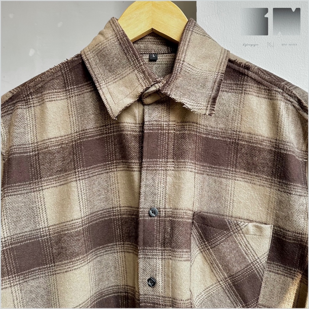Áo sơmi tua rua, caro nâu - be, OUTLINE SHIRTS ‘s KN