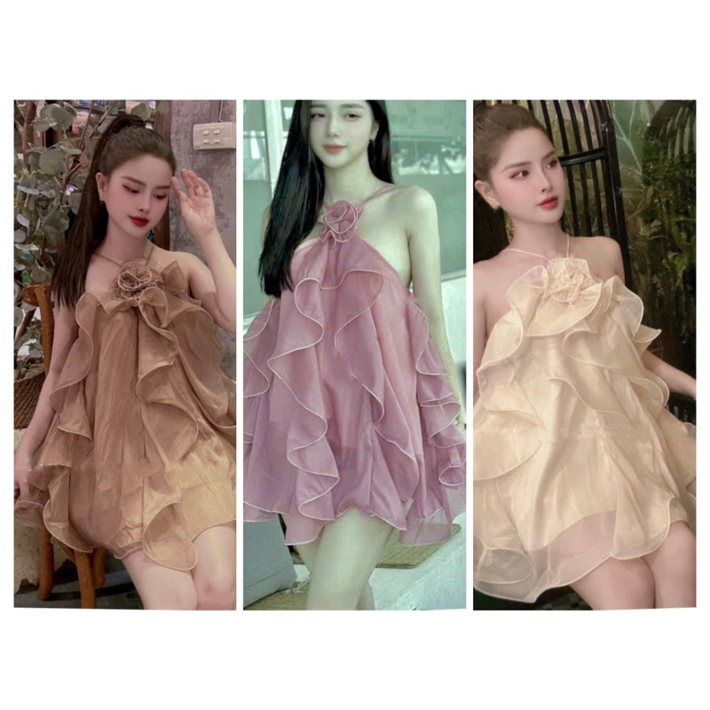 M277 Đầm Baby Doll Nữ Thiết Kế Cổ Yếm Phối Hoa Mix Bèo Dáng Ngắn Cách Điệu Dress Women (Kèm Quần Bảo Hộ) - Botstore