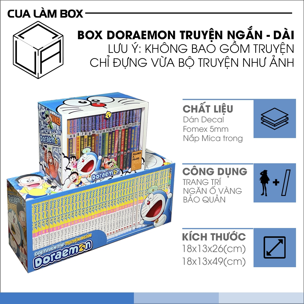 Hộp nhựa trưng bày Doraemon có nắp mica, Boxset Đô rê mon có Nắp Nam châm bảo quản chống ẩm, mối mọt