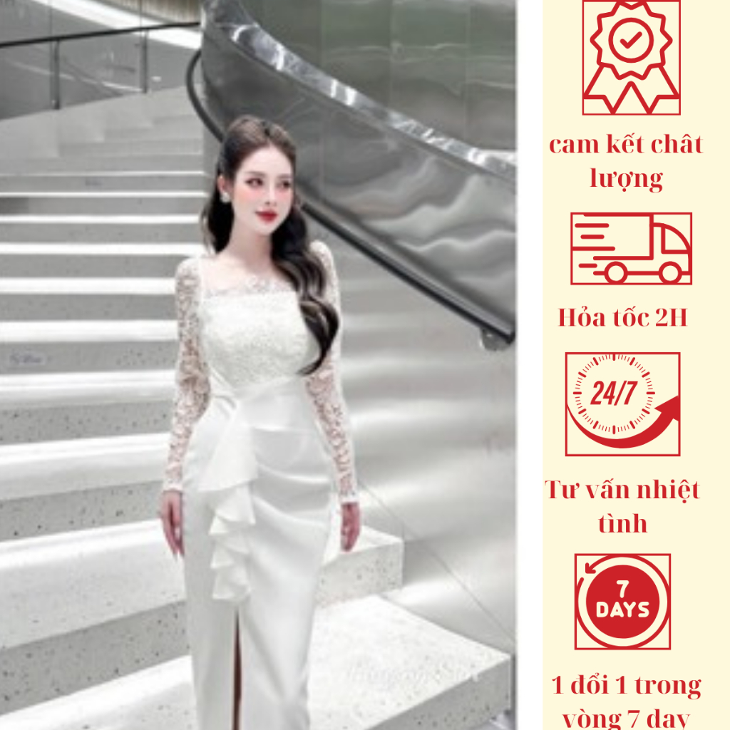 Váy Thiết Kế Cao Cấp Body Dáng Dài Ren Phối Sang chảnh Phù hợp Đi chơi, Đi Tiệc, Đi Làm - THE HANA