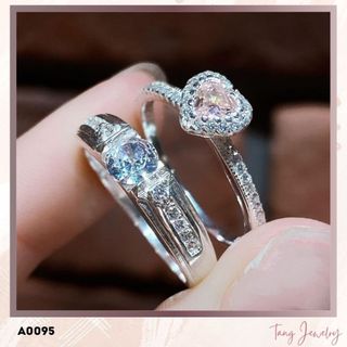TANG A0095 - Nhẫn đôi bạc ta nhẫn nữ hình trái tim đá hồng, nhẫn nam nạm hàng đá dành cho cặp đôi