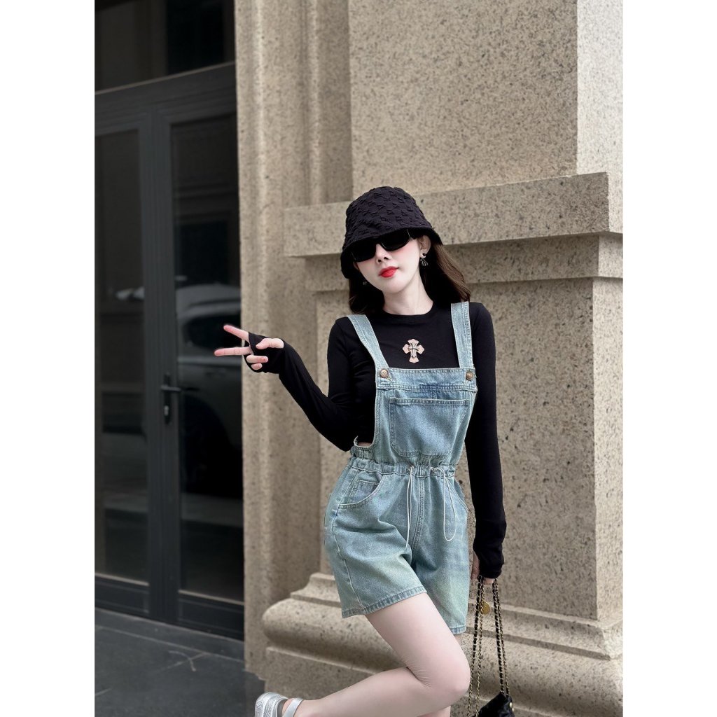 Quần yếm, Yếm short jean túi ngực chun rút cao cấp tôn dáng chuẩn form - Dạo Style