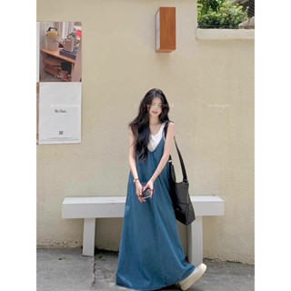 Đầm Yếm Denim, Cổ Chữ V Dáng Dài Form Rộng Phong Cách Pháp| Hottrend2024