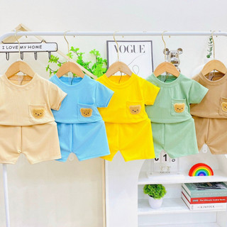 Bộ cộc tay bé trai bé gái thun lạnh bộ cộc tăm gấu xuân hè cho bé 7 -17kg