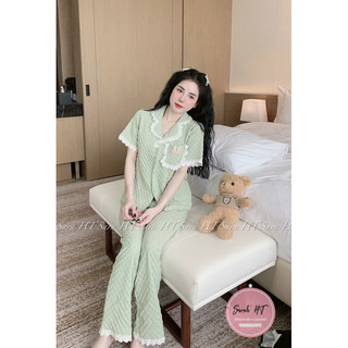 Bộ ngủ pijama cộc dài caro hipee bèo xốp túi thỏ , cổ sen tròn mặc nhà cho nữ