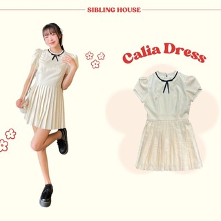 Đầm kiểu nữ tay ngắn điểm nhấn xếp ly thiết kế cổ tròn đính nơ xinh xắn Calia Dress - Sibling House