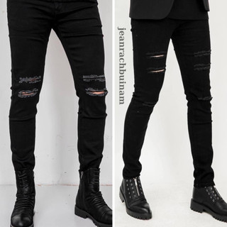 Quần Jean Nam Rách Đùi 3 đường màu đen chất vải DEMIN co giãn, quần bò Nam rách đùi dáng skinny ôm côn