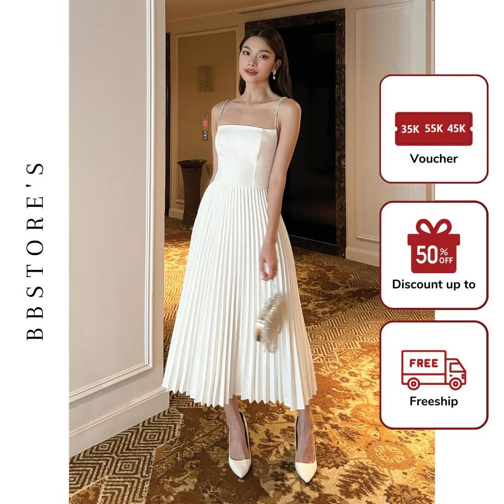 Đầm Xòe Hai Dây Dự Tiệc Tùng Váy Xếp Ly Cutout Eo Phối Lưới Sang Trọng BBSTORE'S -D3074