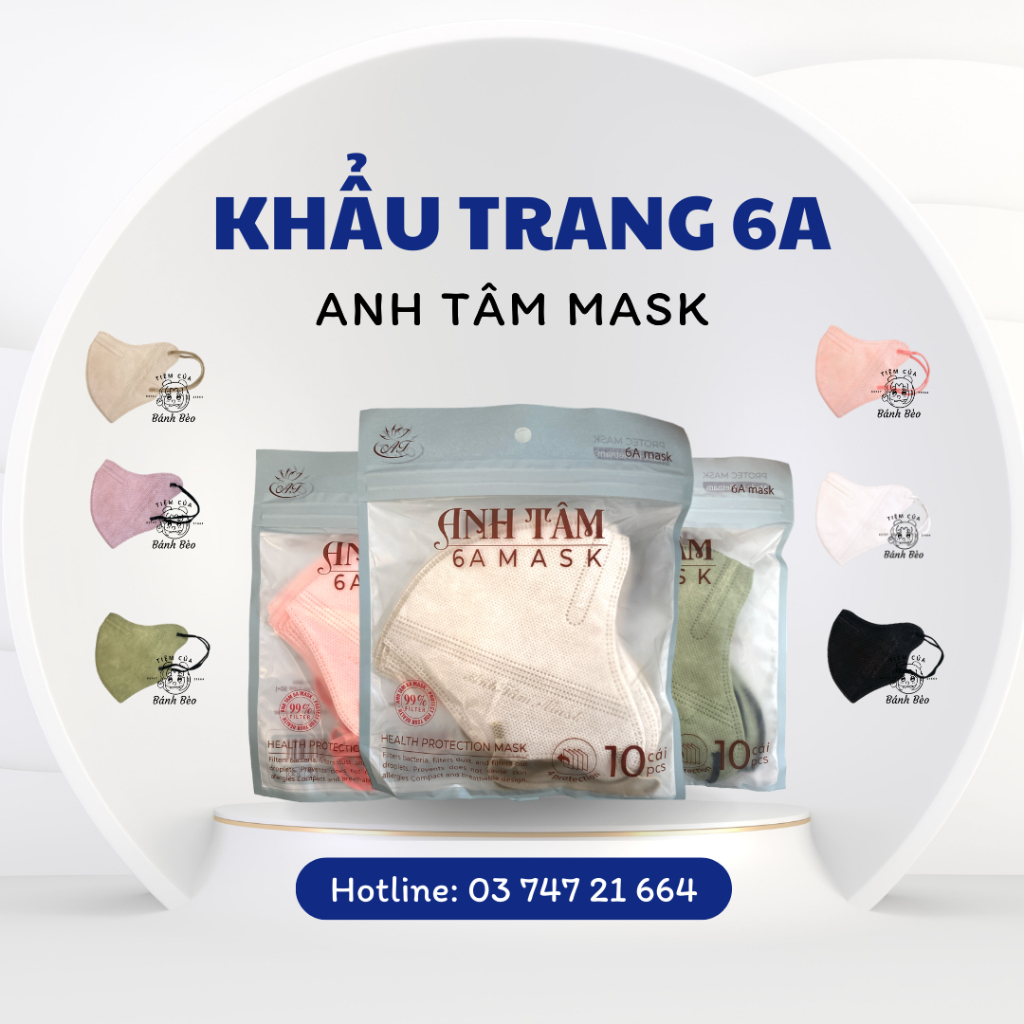 Khẩu trang 6A Anh Tâm ôm mặt chống tia UV có nẹp mũi 4 lớp kháng khuẩn dày