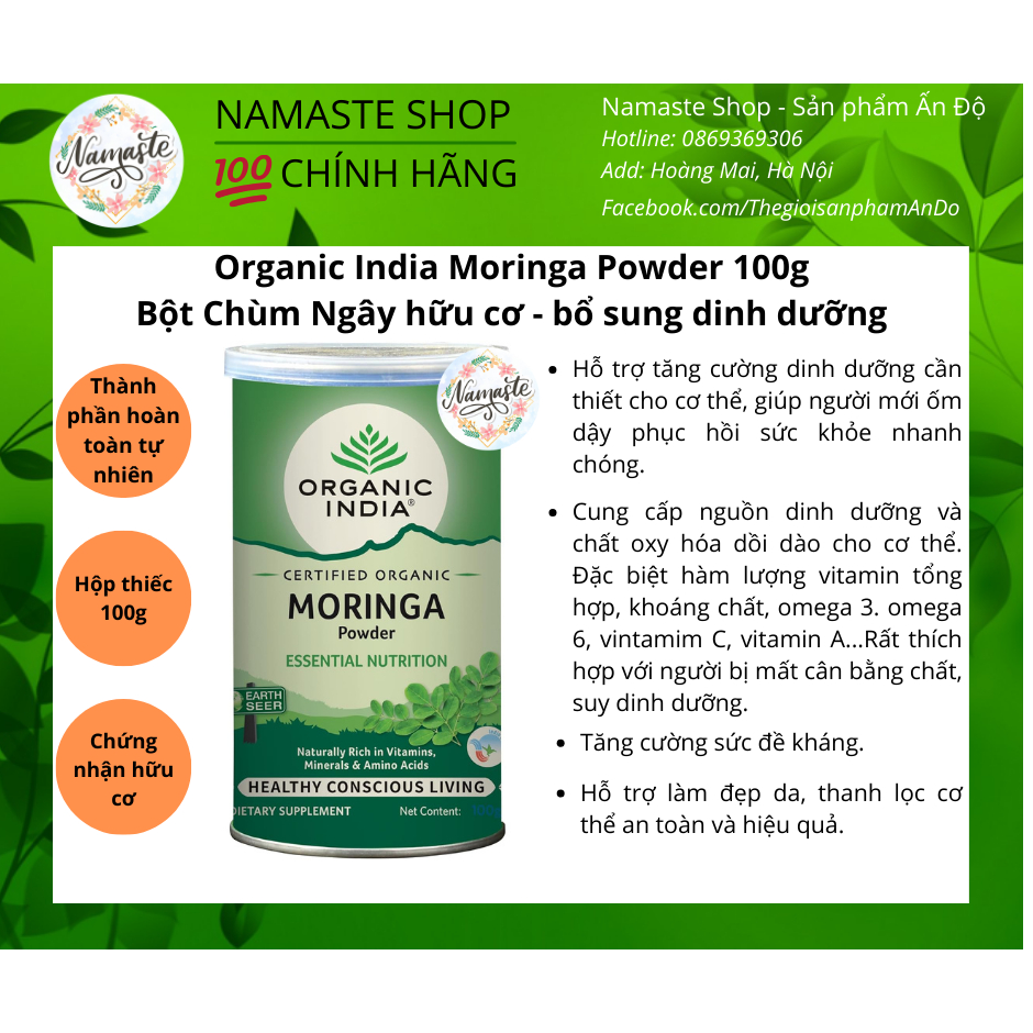 Bột Chùm Ngây Hữu Cơ - Moringa Powder Organic India 100gram