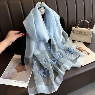 Khăn choàng lụa tơ tằm HUMI quàng cổ chất liệu cao cấp thêu hình hoa sen phụ kiện phối đồ sang trọng