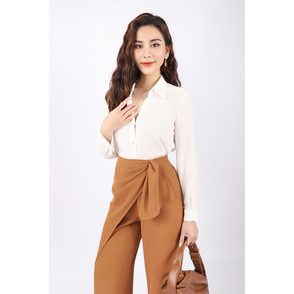 FAS33471 - Áo sơ mi công sở vải phi cát dáng suông cổ đức V sâu cài khuy - PANTIO