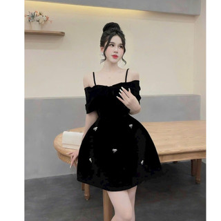 *Đầm thời trang nữ sang chảnh chất nhung áo hai dây trễ vai tay ngắn có mút dáng váy xoè dài mini
