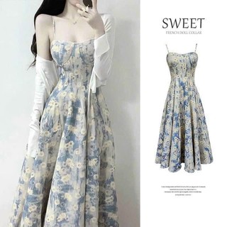 Đầm thời trang nữ sang chảnh đi chơi chát lụa áo hai dây có mút ngực kè áo khoác lụa dáng váy xoè dài maxi