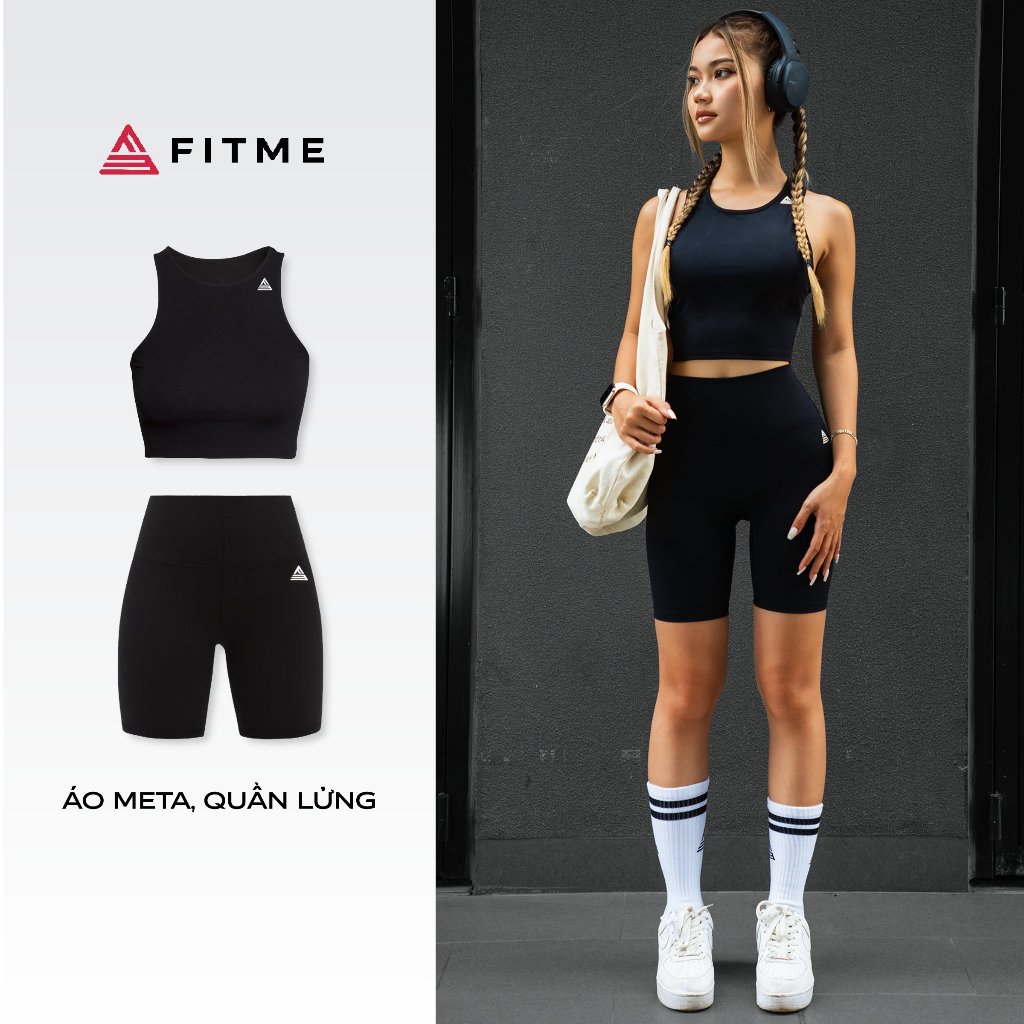 Bộ thể thao nữ Fitme áo bra tập gym Meta Đen, quần legging lửng co giãn 4 chiều năng động thấm hút tốt