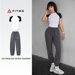 Bộ đồ tập thể thao Fitme áo thun Raglan Trắng - Quần jogger Logo thêu thoáng khí