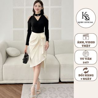 Set áo thun tăm xẻ vai kèm chân váy xẻ tà ngang gối keiby sang trọng quý phái es05
