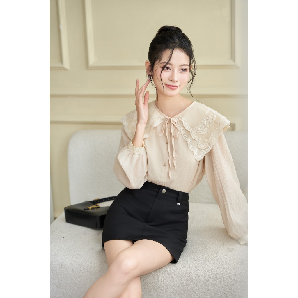 Áo sơ mi tơ sống cổ sen 2 lá thêu bô đê tiểu thư nữ tính ngọt ngào ASW2534