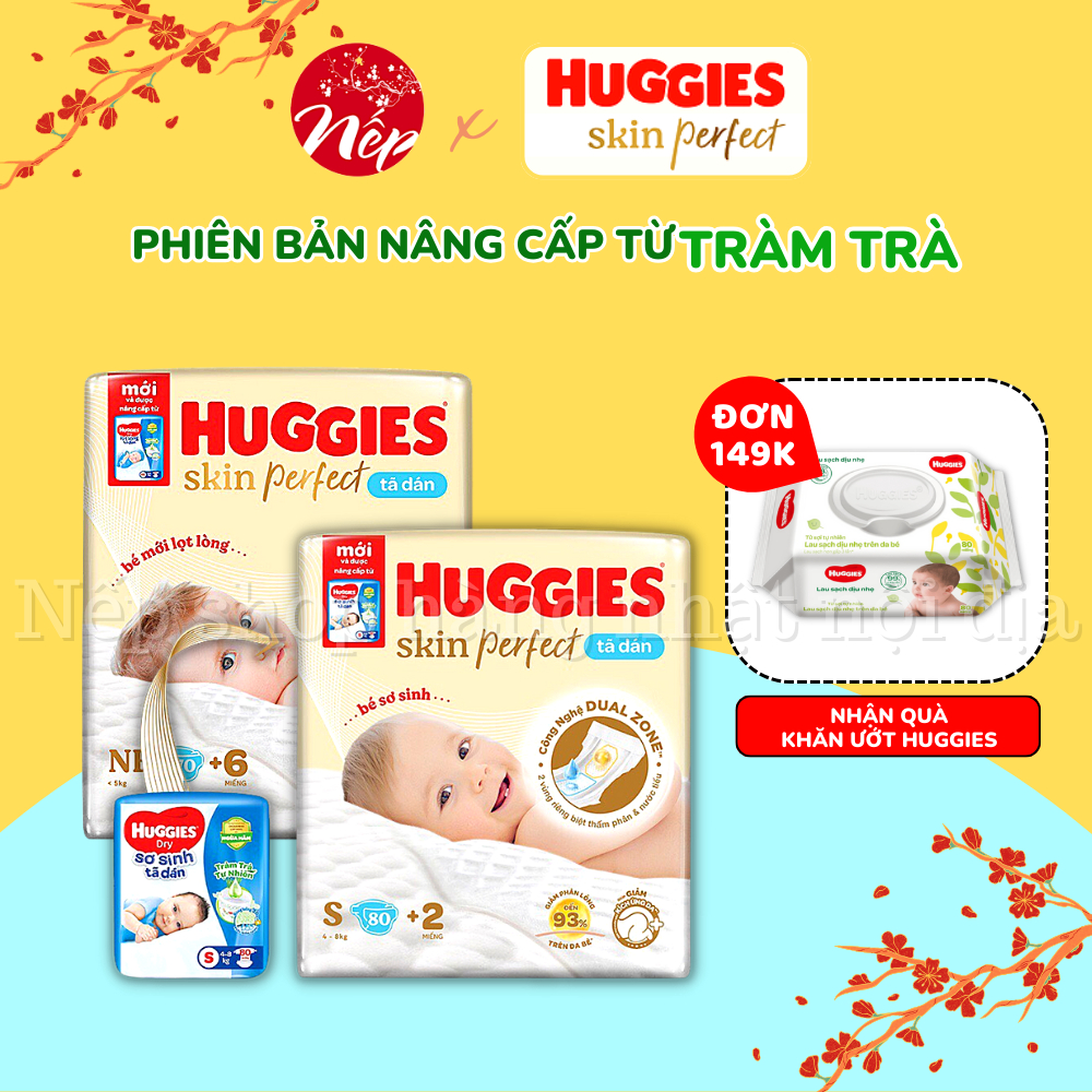 Hàng chính hãng Tã bỉm dán Huggies Skin Perfect NB76 S82 M79 với 2 vùng