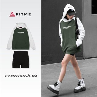 Bộ nỉ lông Fitme áo hoodie xanh xám dày dặn, quần ngắn tập gym yoga đen năng động