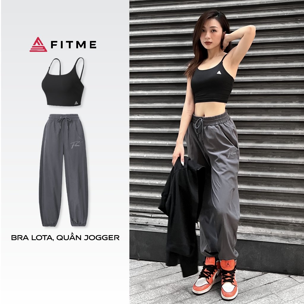 Bộ đồ tập gym Fitme áo bra thể thao nữ Lota màu Đen, quần jogger microfiber màu Xám